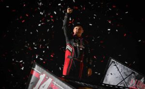 Jett Barnes celebrating his first ASCS win